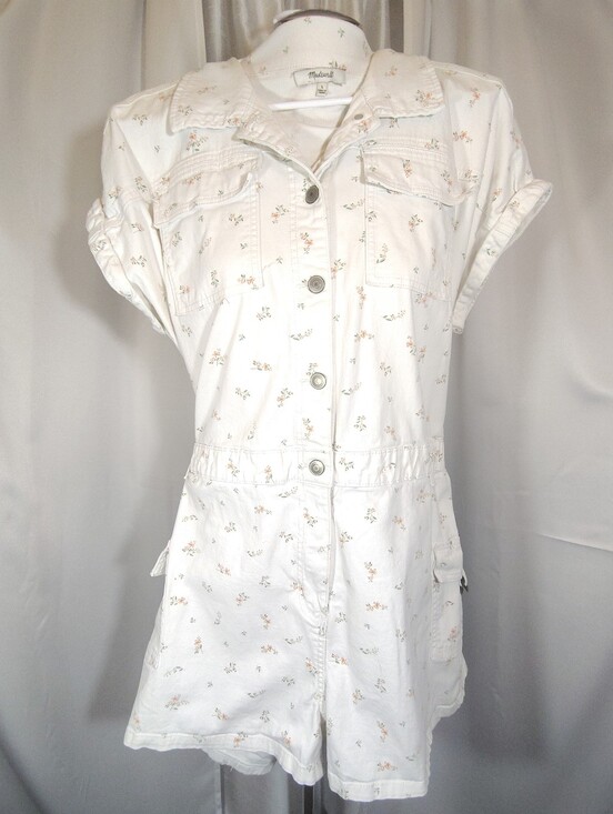 J. Crew Pants - J Crew Romper, Women, Denim White Peach/Green Floral, BttnUp, Collar, Pockets, L